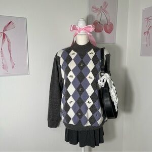 Vintage 90s Floral Argyle Checker White Purple Lilac Sweater Acrylic Womens Lg‎